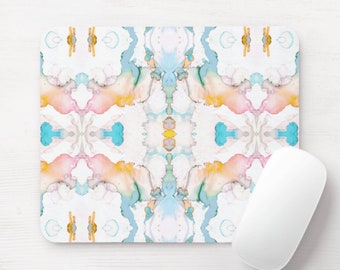 Mirrored Watercolor Mouse Pad, Round or Rectangle Orange/Pink/Turquoise Ombre/Abstract Colorful Multicolored Modern Mousepad Print/Pattern