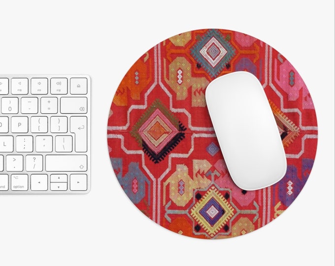 Pink Tribal Geo Print Mouse Pad/Mousepad, Round or Rectangle Printed Rug/Textile Design, Pink/Red/Purple Tribal/Boho/Kilim/Ikat Design