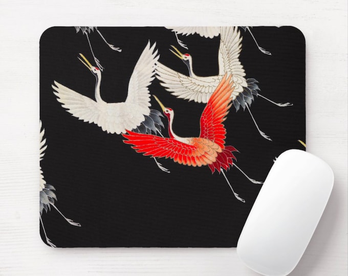 Cranes Mouse Pad/Mousepad, Japanese Flying Birds/Bird Pattern, Modern Black/Orange/Red/White Illustration/Chinoiserie/Asian Art Print