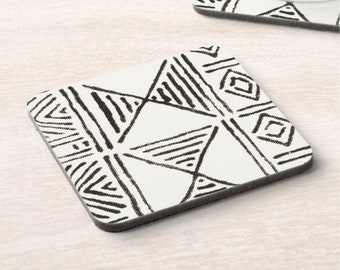 Mud Cloth Design Cork Coasters Set of 4, White/Black Tribal Pattern Geometric/African Print Square Barware/Drinkware/Coaster/Bar Accessories
