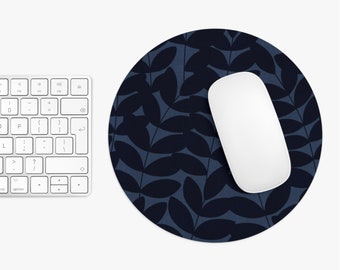 Stems Mouse Pad/Mousepad, Round or Rectangle Navy Blue Modern Botanical Print/Pattern Mousepads, Minimal/Minimalist/Floral/Farmhouse Design