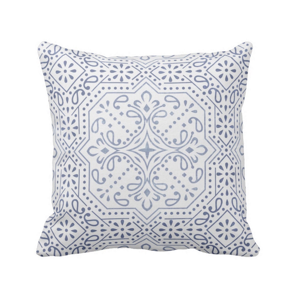 OUTDOOR Tile Print Throw Pillow Cover, Chambray 14, 16, 18, 20 or 26 Sq