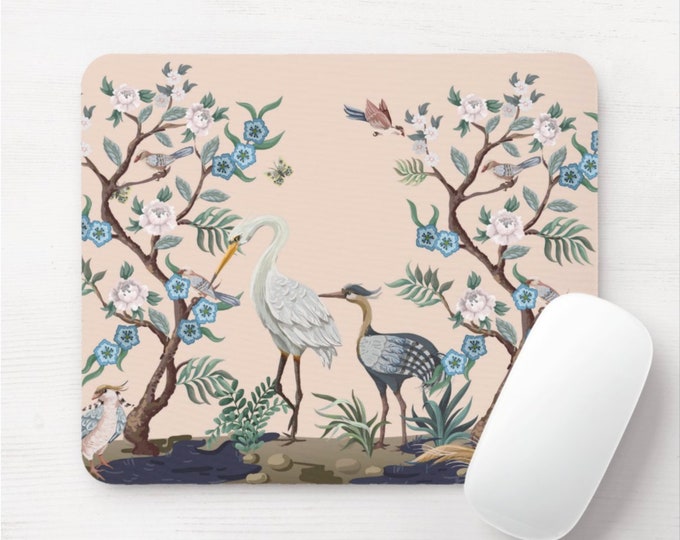 Crane Floral Mouse Pad/Mousepad, Rectangle or Round Floral Pattern, Blush Pink/Blue/Green Birds/Bird Toile Flower/Naturalist/Botanical Print