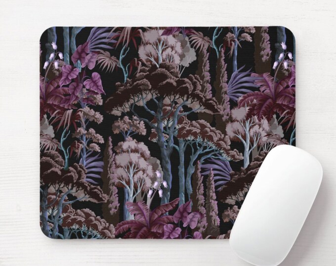 Midnight Mural Mouse Pad, Round or Rectangle Landscape/Botanical Mousepad, Black/Purple Tones Vintage Tree Illustration/Art Print/Wallpaper