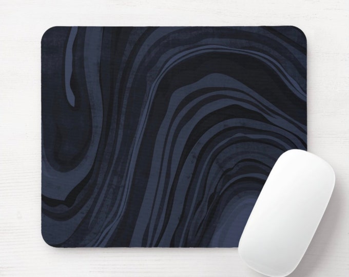 Dark Navy Blue Mouse Pad, Abstract Marbled Mousepad, Marble Print/Pattern, Swirl/Modern/Minimal Design, Darkest Ink/Midnight/Indigo