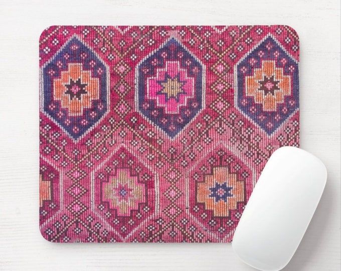 Magenta Geo Print Mouse Pad/Mousepad, Printed Rug/Textile Design Round or Rectangle, Pink/Red/Purple Tribal/Boho/Kilim/Ikat Design