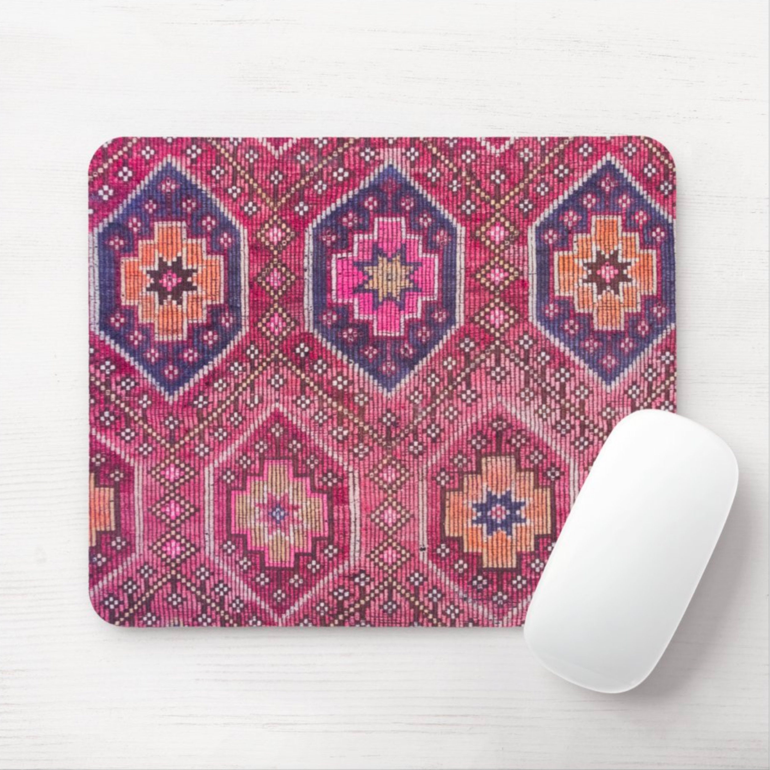 Magenta Geo Print Mouse Pad/Mousepad, Printed Rug/Textile Design Round or  Rectangle, Pink/Red/Purple Tribal/Boho/Kilim/Ikat Design