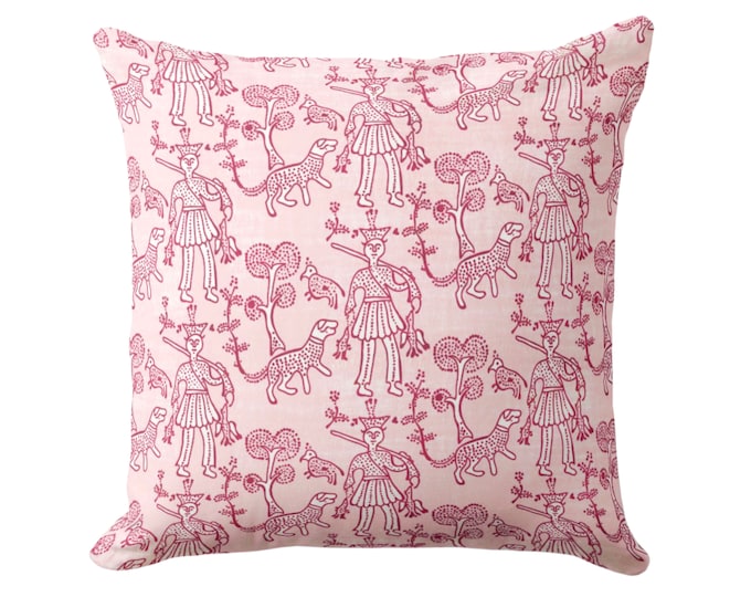 Block Print Folk Throw Pillow or Cover, Berry 16, 18, 20, 22, 26" Sq Pillows or Covers, Pink Floral/Animal/Toile/Batik/Boho Pattern