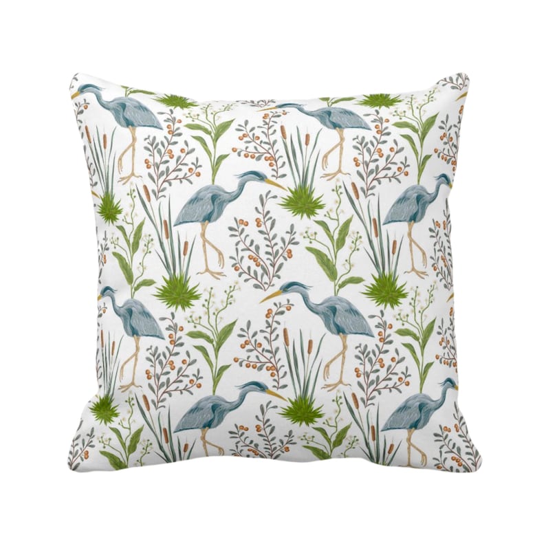 18 Teal Blue /& Green BirdBirds Naturalist PrintPattern ToileNature Blue Heron Throw Pillow or Cover 20 or 26 Sq Pillows or Covers 16