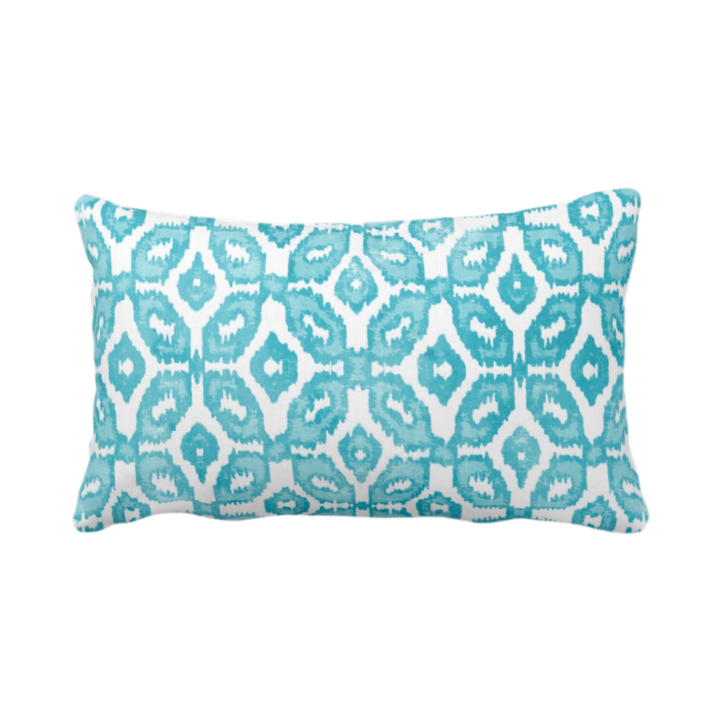 Teal Ikat Print Throw Pillow or Cover 12 x 20 Lumbar Pillows or Covers
