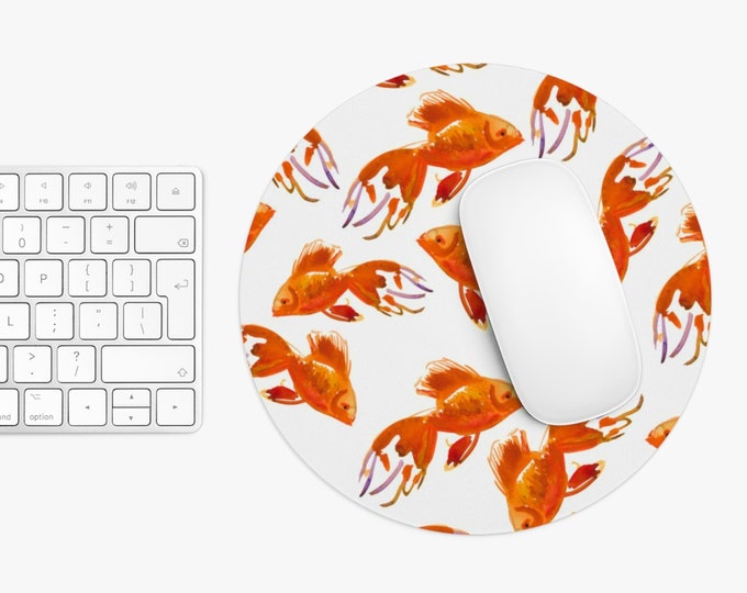 Goldfish Watercolor Mouse Pad/Mousepad, Round or Rectangle Modern Bright Orange & White Fish, Pop/Mod/Fun Art Print/Pattern