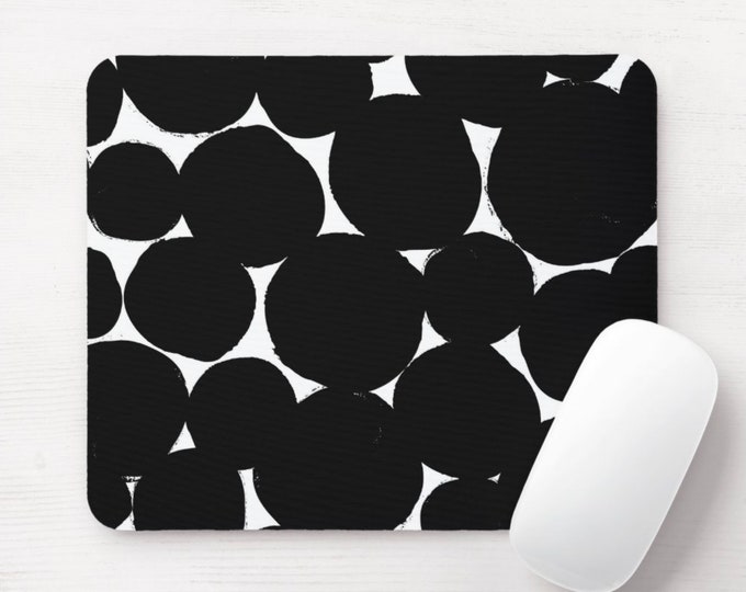 Big Dots Mouse Pad/Mousepad, Round or Rectangle Black/White Modern Abstract/Geometric Minimal Print/Pattern, Circles/Dot/Circle/Hand Painted