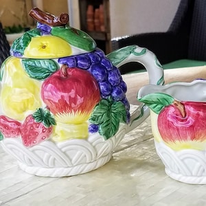 Vintage Otagiri Fruit Basket Tea Pot And Creamer, Majolica Japanese Multicolored Fruit Tea Set, Embossed Basket Weave Tea Pot By Otagiri