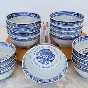 Vintage Porcelain Chinese Dragon Rice Soup Bowls with Rice Eye Trim, Made in China, Rice Grain Blue And White Dragon Bowls,