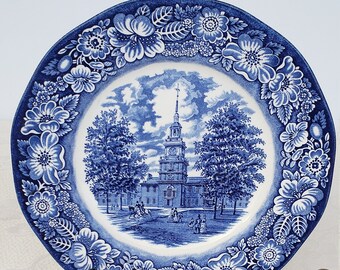 Liberty Blue Ironstone Plate, Independence Hall Scene, Floral Rim, Made In England
