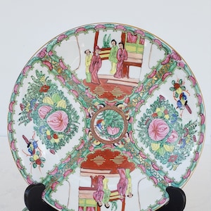 Vintage Famille Rose Medallion 12 inchRound Serving Platter, Chinese Hand Painted Plate with Butterfly, birds, & People, Porcelain  Platter