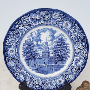 Staffordshire Ironstone Plate Made In England,  Historic Colonial Scene Of Independence Hall On A Plate, Liberty Blue Plate