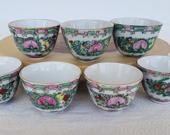 Vintage Rose Medallion Canton Pattern Tea Cups, Japanese Porcelain Tea Cups, Rose Medallion Canton Hand Painted in Hong Kong Tea Cup