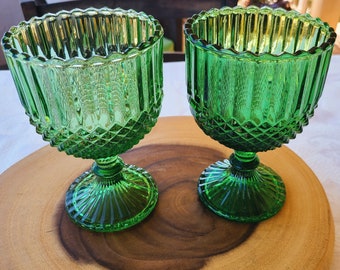 Vintage Emerald Green  Diamond Rib Goblet, Vintage Saw Tooth Pedestal Water Glass