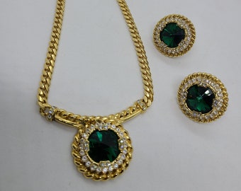Parure de bijoux vintage en strass verts, colliers d'oreilles dorés