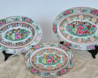 Vintage Rose Medallion Oval Serving Platters, Japanese Porcelain Hand Painted Serving Platter, Platters Decorated In Hong Kong Various Marks