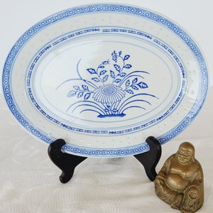 Vintage Porcelain Chinese Rice Eye Flower Oval Serving Platter,  Made in Jingdezhen China, Ceramic Rice Ware w/ Blue Diamond Band