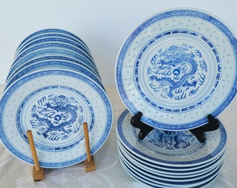 Chinese Dragon Rice Eyes 8\u201d Plate Vintage China Blue and White Porcelain Vintage Blue and White China China Rice Grain Plate