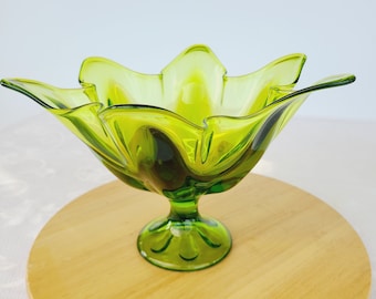 Vintage Viking Olive Green Glass Six Pedestal Vase, Classic 6 Petal Compote Pedestal Base,