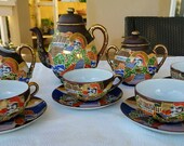 Vintage Japanese Moriage Satsuma Tea Set, Bone China Tea Pot With Four Cups and Saucers, Japan Immortal Satsuma Moriage Tea Set,