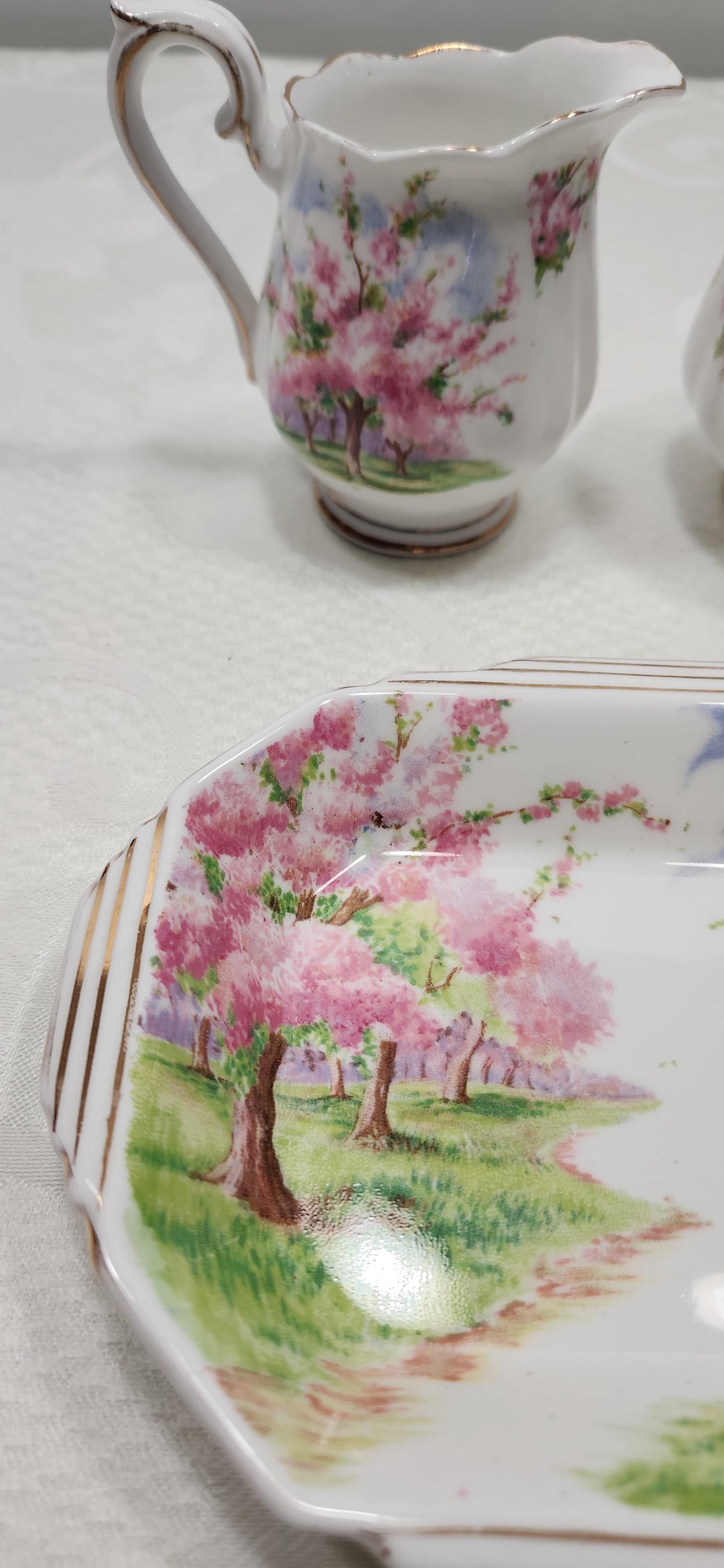 Vintage Royal Albert Blossom Time China Creamer, Sugar, Plate Set