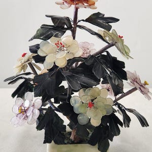 Vintage Chinese Jade Stone Tree, Hand Wired Floral Tree, Semi Precious Carved Jade Decorative Piece,