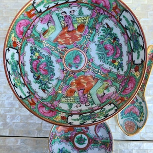 Vintage Rose Medaillon Famille Kleine Ramen Schüssel, Vintage Porzellan Handbemalte Rose Medaillon Schüssel mit Vögeln, Schmetterlingen und Pfingstrosen