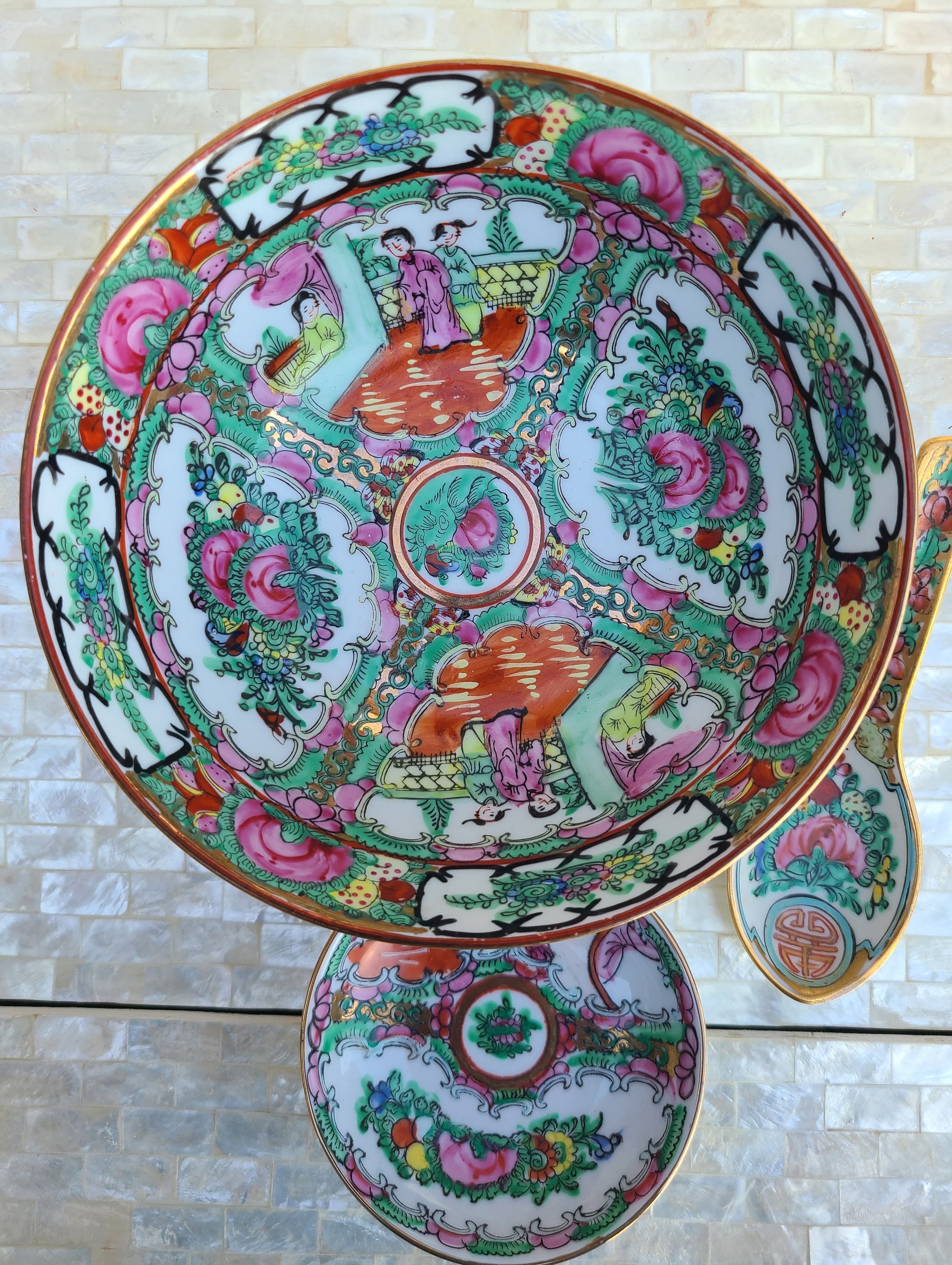 Vintage Rose Medallion Famille Small Ramen Bowl, Vintage Porcelain Hand Painted Rose Medallion Bowl With Birds, Butterflies, and Peonies