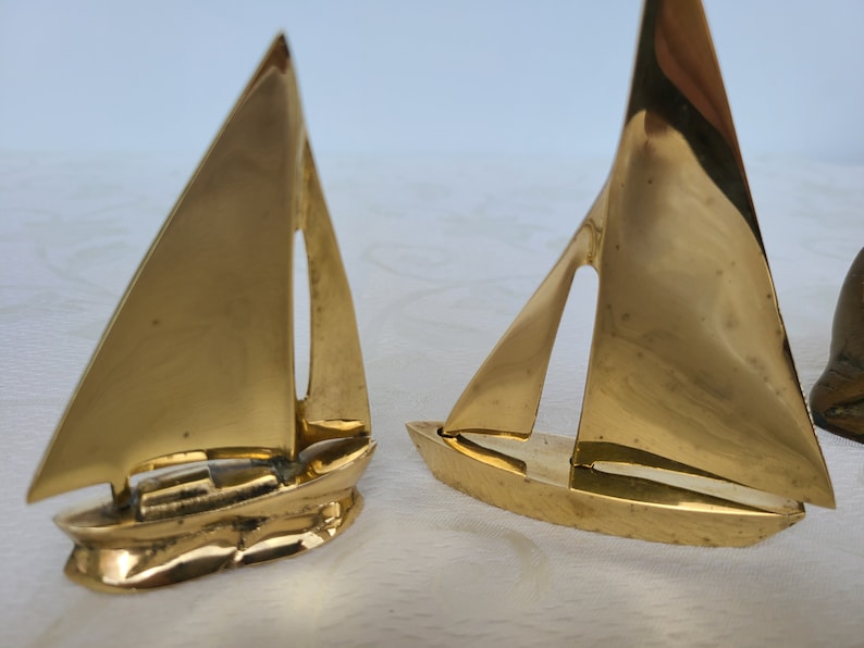 Vintage Brass Sail boats Miniature Metal Schooners Two Nautical Sailing Boats,