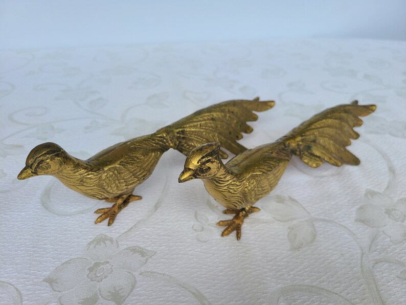 Solid Brass Figurines With Lovely Patina Beautiful Pair Of Brass Pheasants