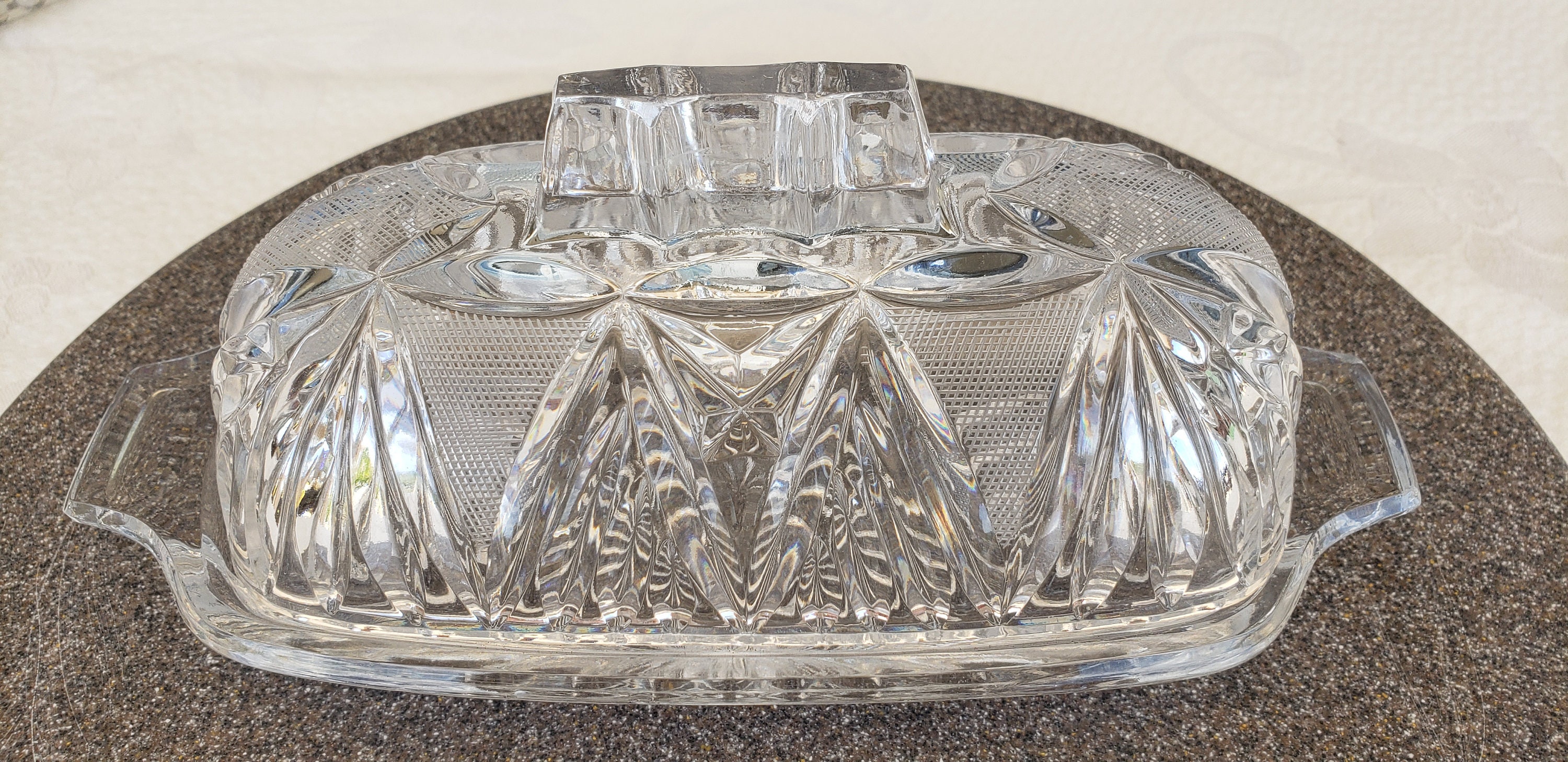 Vintage Crystal Covered Butter Dish Heavy Glass Etched With Etsy