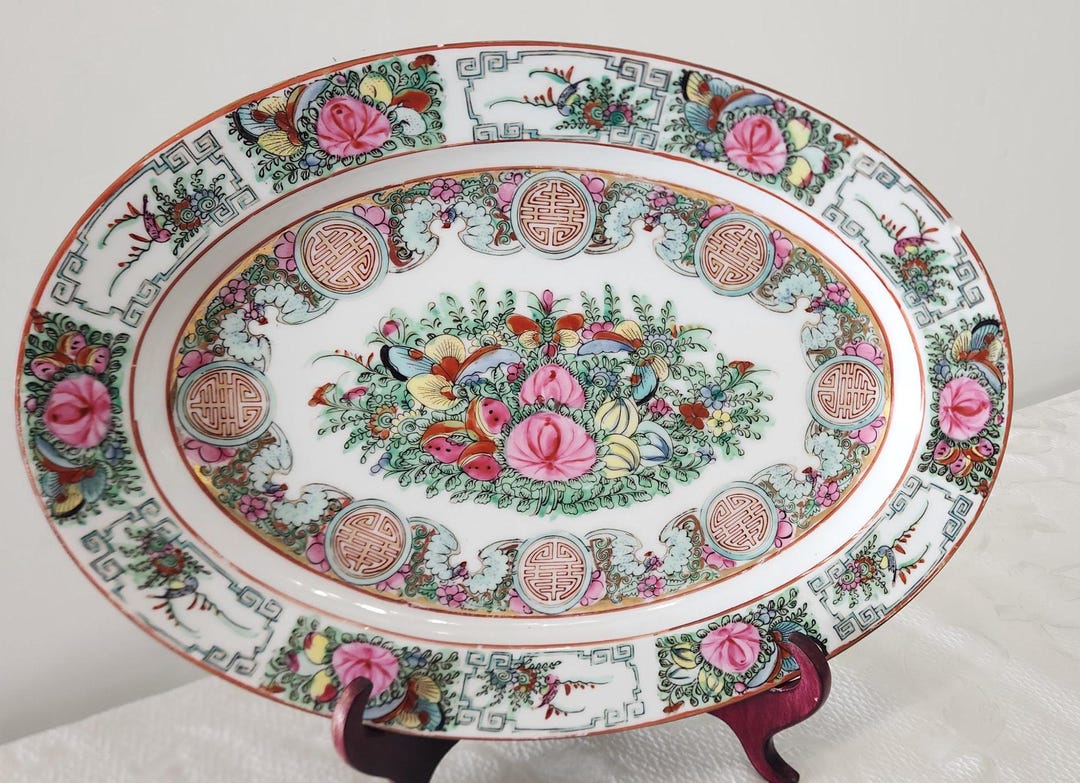 Vintage Canton Rose Medallion With Greek Key Motif Large 16