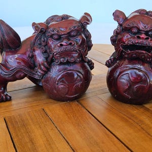 Gorgeous Vintage Chinese Pair Of Resin Foo Lions,  Deep Red Lacquer Finish, Hand Crafted With Intricate Detail,