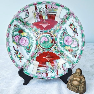 Vintage Famille Rose Medallion Round Serving Platter, Chinese Hand Painted Plate with Butterfly, birds, & People, Porcelain Round Platter