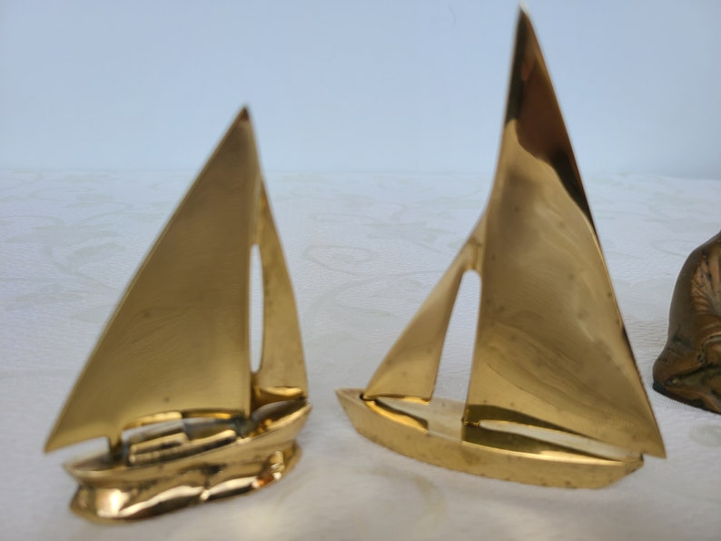 Vintage Brass Sail boats Miniature Metal Schooners Two Nautical Sailing Boats,