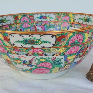 Rare Vintage Chinese Rose Medallion Famille 14 1/2 Inch Diameter Bowl, Vibrant Colors Of Florals, Birds, Butterflies, Fruits And Greenery,