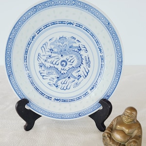 Vintage Porcelain Chinese Dragon 9 Inch Luncheon Plate with Rice Eyes Trim, Made in Jingdezhen China, Ceramic Rice Ware w/ Blue Diamond Band