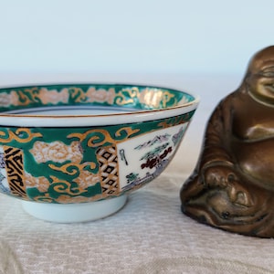 Impresionante cuenco de arroz/sopa pintado a mano Imari dorado vintage, cuenco diseñado con panel verde, dorado y negro escénico y floral,
