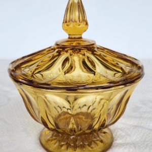 Anchor Hocking Amber Covered Dish, Glass Candy Dish, Floral Petal Press Glass Compote,