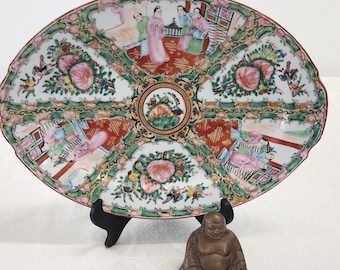 Antique Famille Rose Medallion 14" Oval Serving Platter, Chinese Hand Painted Oval Platter with Butterfly, Mocking Birds, Peonies & People,