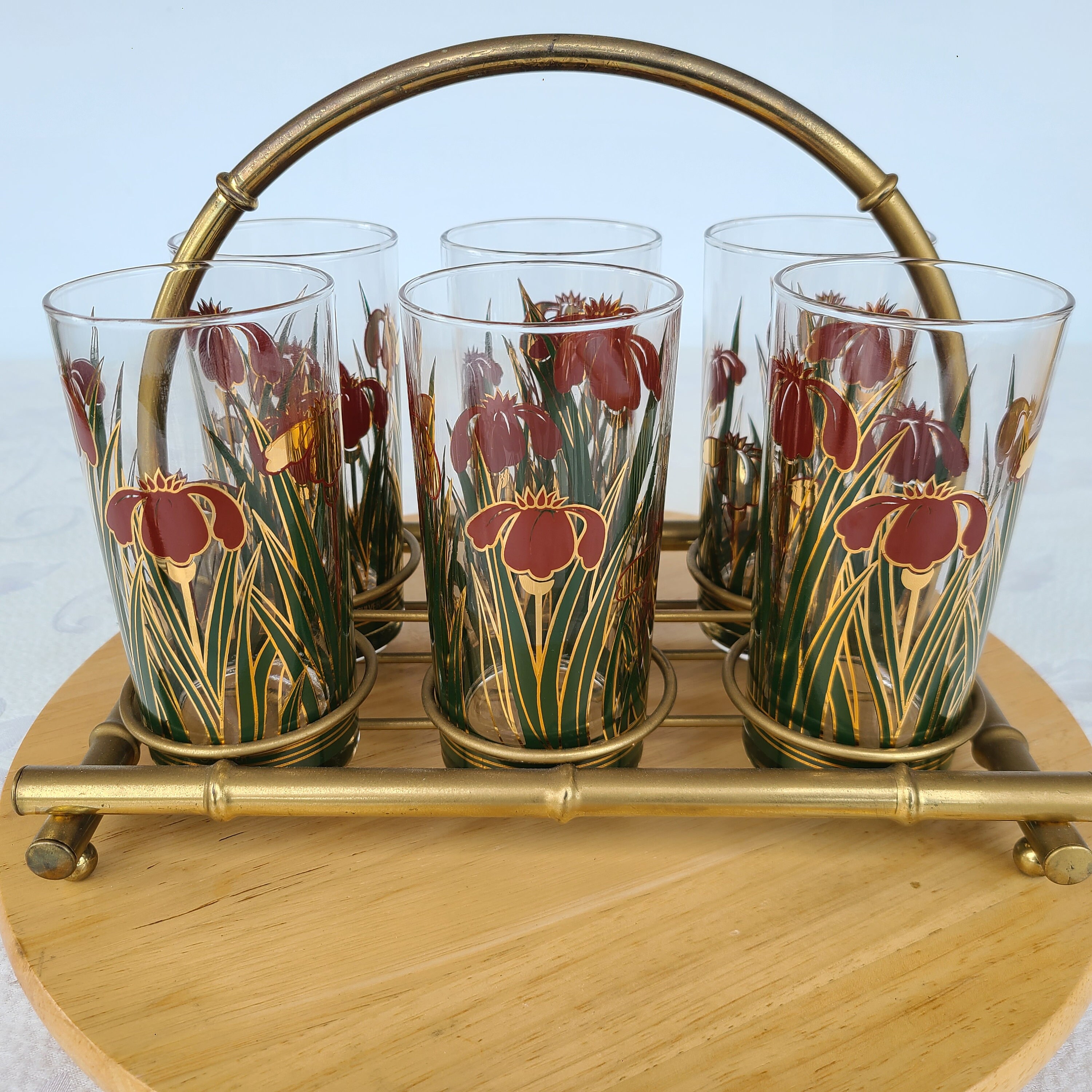 Vintage Culver Cinnabar Iris High Ball Glassware Set With Gold Bamboo Style Caddy, Gorgeous 22K Accent Gold Design Of Iris Flowers,