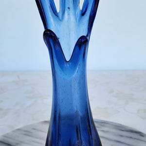 Vintage Blue Glass Stretched Vase, Swung Glass Five Finger Vase, Stretch Vintage Vase, Hand Blown Glass Stretch Vase