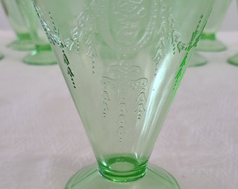 Vintage Belmont Tumbler Company Uranium Glass Tumblers. Green Footed Rose Cameo Press Glasses, Vintage 1930 Water Glasses,