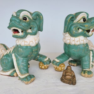 Gorgeous Vintage Shi Shi Or Foo Lions, Hand Painted Porcelain Foo Dogs, Large Guardian Lions,