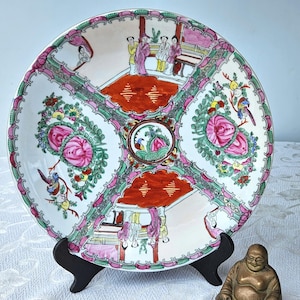Vintage Famille Rose Medallion Round Shallow Serving Bowl, Chinese Hand Painted Shallow Serving Bowl with Butterfly, birds, & People